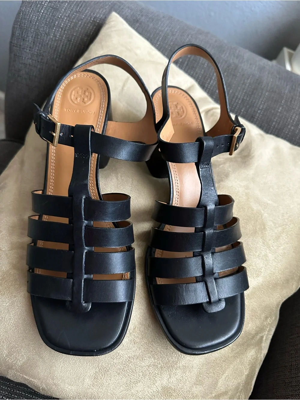 Tory Burch Black Leather Strappy Block Heel Sandals size 9 1/2